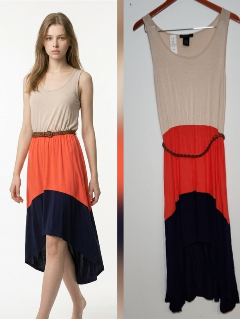 Design History Colorblock Maxi Dress in Beige, Coral & Navy
